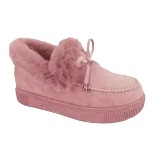 Cozy pink plush-lined suede slip-on snow boots for women with bow detail