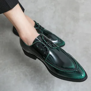 Men's pointed toe dress shoes with dark green gradient patent leather finish