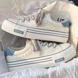 Women Casual Thick Sole Canvas Shoes Breathable Heightening Platform Sneakers Retro Ins Style Versatile Black Blue Pink Flat Shoes