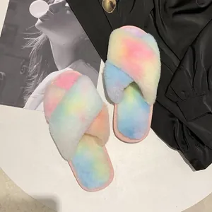 Rainbow cross band faux fur slippers for women, soft indoor house slides.