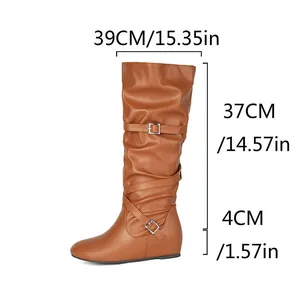 Dimension overview for tan brown pleated slouchy mid-calf boots with buckle straps