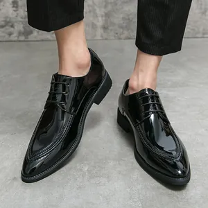 Men's formal pointed toe shiny black patent leather dress shoes with lace-up detail