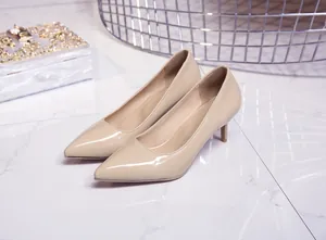 Elegant beige patent leather pointed toe pumps with 6cm stiletto heels for work