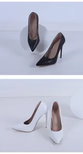 Close-up of black and white 12.5cm stiletto high heels with pointed toes