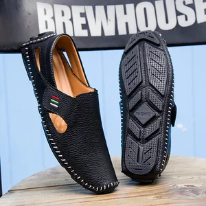 Men's Casual Slip-on Loafers Leather Hollow Out Driving Shoes Breathable Lightweight Hand Stitched Flat Walking Shoes Outdoor Beach