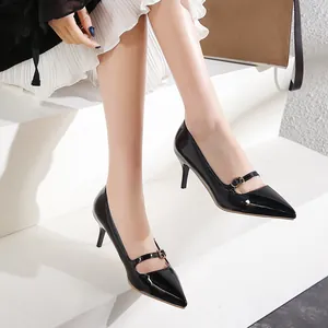 Escarpins Mary Jane en Cuir Verni à Bout Pointu pour Femmes Chaussures à Talons Aiguilles Moyens Élégantes Chaussures de Soirée Grandes Tailles