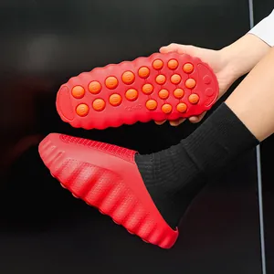 Comfortable ultra-soft thick sole red slides with non-slip massage texture for summer