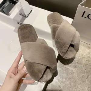 Detail view of plush crossover slippers with soft faux fur and durable non-slip sole