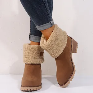 Detailed view of warm brown suede winter boots featuring a plush faux fur lining detail