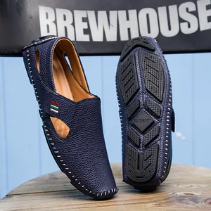 Dark blue textured leather loafers for men with breathable hollow design