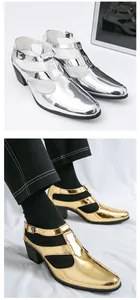 Vue détaillée de chaussures à talons hauts métalliques pour hommes en argent et or.