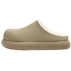 Luxury designer khaki plush lined clogs with thick rounded soles for winter comfort