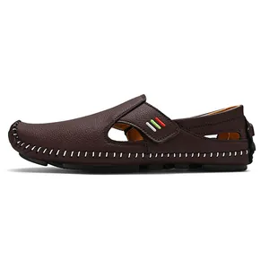 Classic men's brown hollow-out leather loafers with casual slip-on design for outdoors