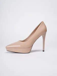 Side profile of nude patent leather stiletto pumps with high platform and pointed toe.