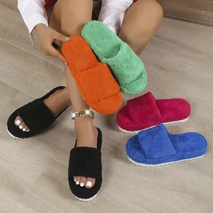 Colorful plush platform slides for women with soft faux fur texture details