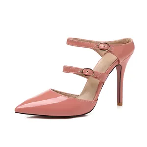 Elegant pink patent leather pointed-toe pumps with double ankle straps and high stiletto heels.