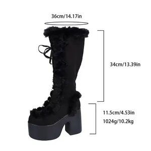 Detail view of black gothic Lolita winter platform high heel fur boots with dimensions