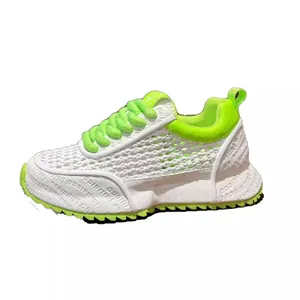 Lightweight breathable mesh men's sneaker in white and neon green for summer wear.