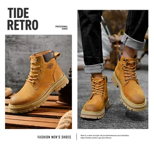 Bottes de travail en cuir pour hommes couleur blé avec semelles épaisses et style rétro