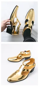 Sandales en cuir doré pour hommes avec bride en T et talon bloc