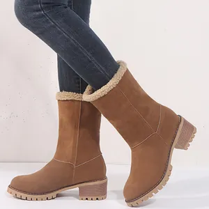 Warm mid-calf brown suede snow boots with cozy faux fur lining and chunky block heels