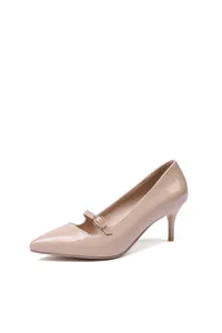 Escarpins élégants en cuir verni nude à bout pointu et bride Mary Jane à petits talons