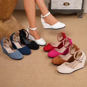 Damen Mode Geschlossene Zehen Keilsandalen Plateau Wildlederimitat High Heel Knöchelriemen Schnalle Boho Sommerschuhe