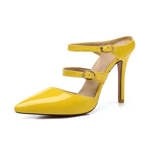 Elegant yellow patent leather pointed-toe high heel pumps with double buckle straps detail