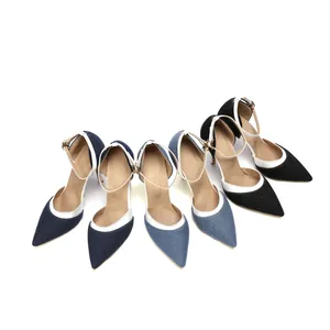 Niche Design Denim Pointed Toe Stiletto Pumps Women High Heels With Ankle Strap Contrast Piping Slingback Occasion Shoes