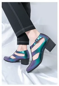 Vue détaillée de sandales en cuir à talons hauts pour hommes aux reflets irisés et ajourés