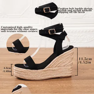 Sandalias de cuña negras con plataforma trenzada y correa ajustable al tobillo