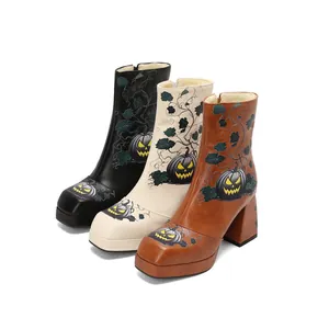 Women's Halloween Pumpkin Print Platform Ankle Boots Square Toe Chunky High Heel Waterproof Side Zipper Dark Gothic Shoes