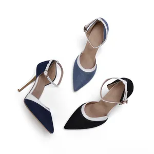 Top view of denim pointed-toe stiletto heels in light blue, navy, and black denim