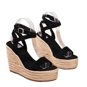 Elegantes sandalias de cuña tipo alpargata negras con plataforma de cuerda y correa