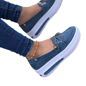 Mocassins à plateforme bleus décontractés pour femmes avec laçage avant et semelle blanche