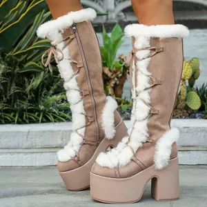 Women Gothic Lolita Platform High Heel Winter Boots Faux Suede Fur Lace Up Side Zipper Mid Calf Fashion Snow Boots Khaki Black