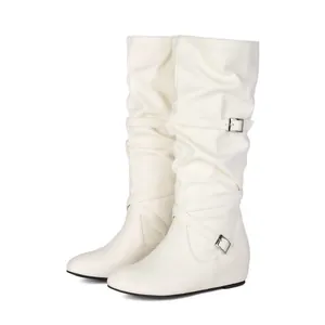 Women's chic white pleated mid-calf slouch boots with decorative straps and buckles