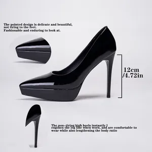 Black patent leather platform stiletto high heels with 12cm heel and pointed toe