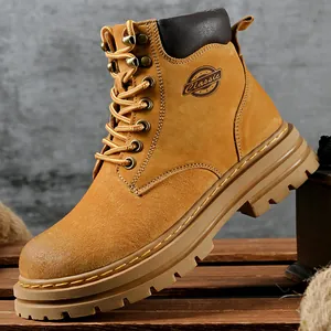 Bottes de Travail Montantes Classiques Unisexe en Cuir Véritable Bottes Martin Semelle Épaisse Antidérapante Extérieur Bottines Jaunes