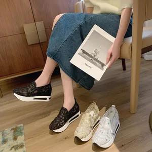 Elegant women's lace mesh platform wedge sneakers in black, gold and silver colors