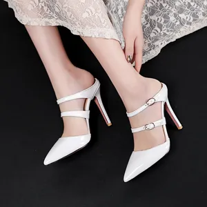 Elegant white pointed-toe stiletto high heel sandals with adjustable strap buckle details