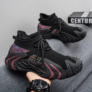 Stylish breathable black knit sock sneakers with colorful accents and chunky sole for men