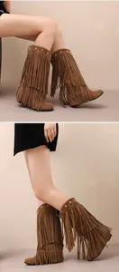 Modische braune Wildleder-Mittelstiefel mit Fransen, Keilabsatz und Sternnieten.