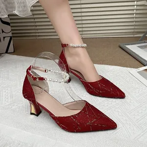 Elegant French style red glitter pointed-toe chunky heel sandals with pearl strap