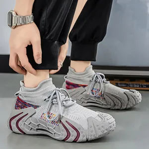 Stylish grey breathable knit sock sneakers featuring colorful accents for outdoor sports
