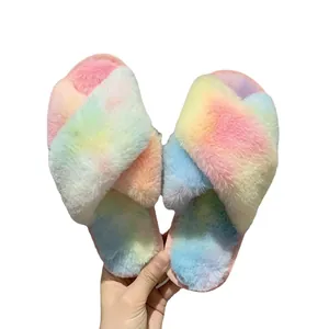 Cozy rainbow faux fur cross strap slippers for women on white background