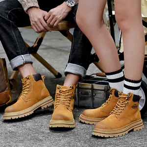 Bottines de travail classiques en cuir jaune pour couple à semelle épaisse d'hiver