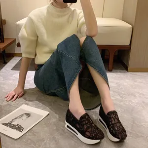 Breathable black lace mesh platform loafers for women with comfortable slip-on design.
