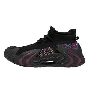 Breathable black fly-knit sports sneakers with colorful accents and durable chunky sole