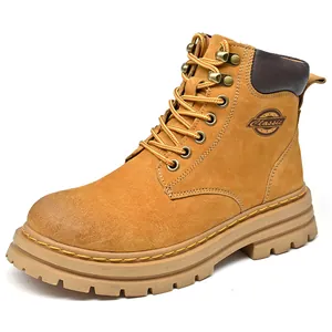 Bottes de travail classiques en cuir jaune blé avec semelle en caoutchouc antidérapante épaisse